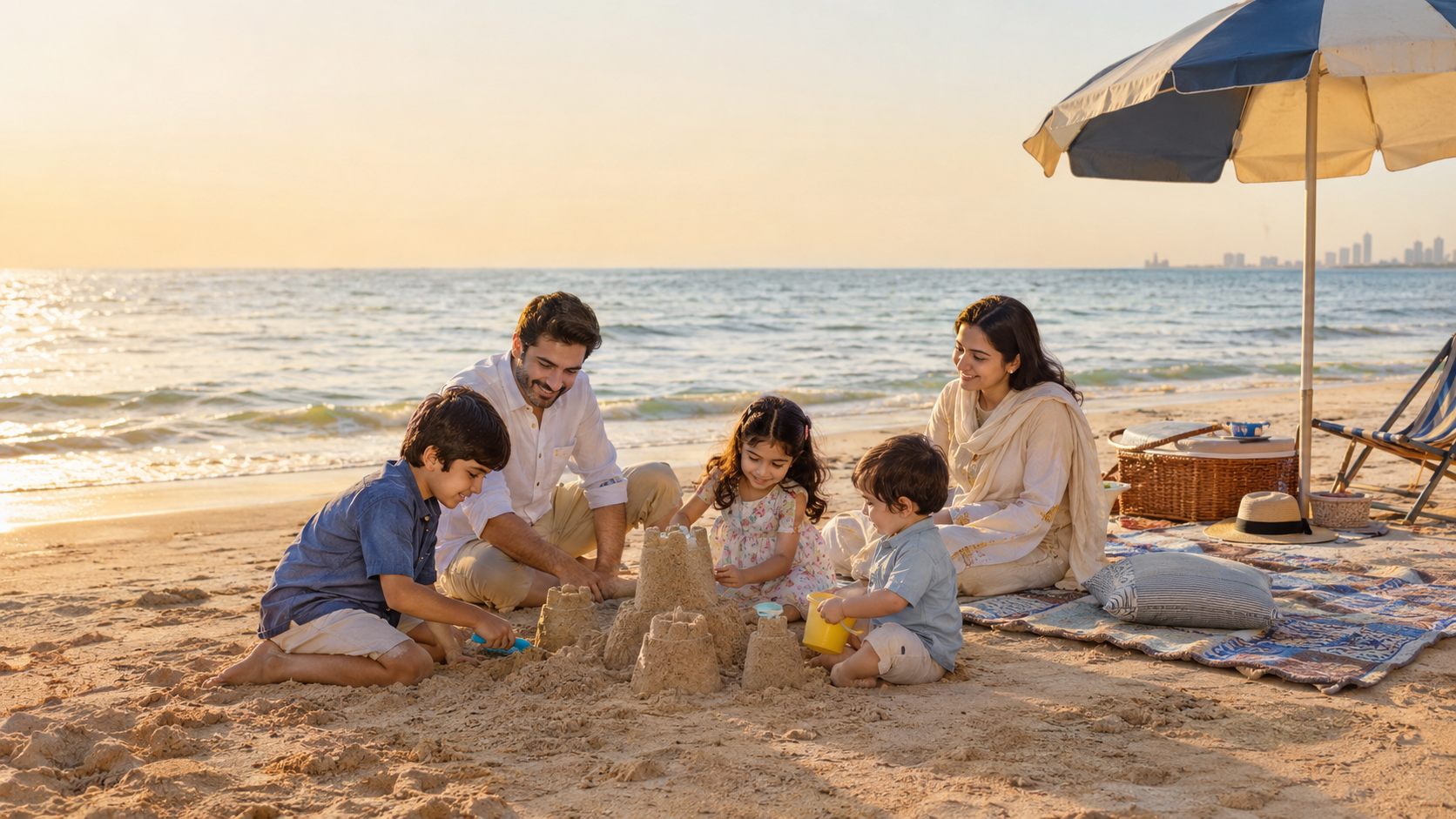 Family enjoying a beach picnic near Karachi