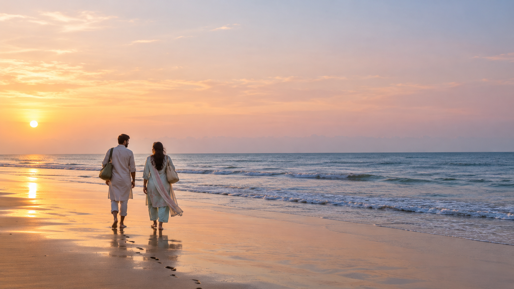 Couple walking along a quiet beach on a weekend getaway near Karachi