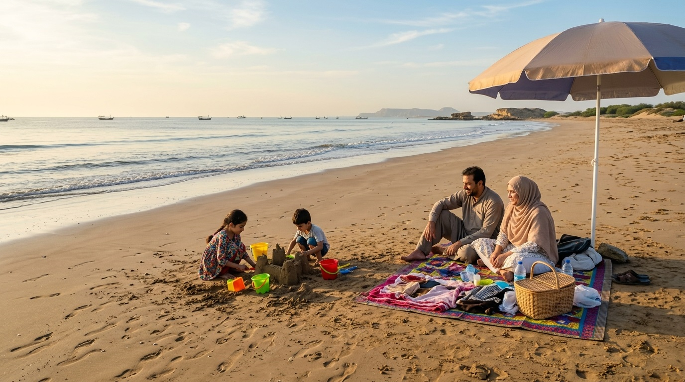 Family enjoying a beach picnic near Karachi
