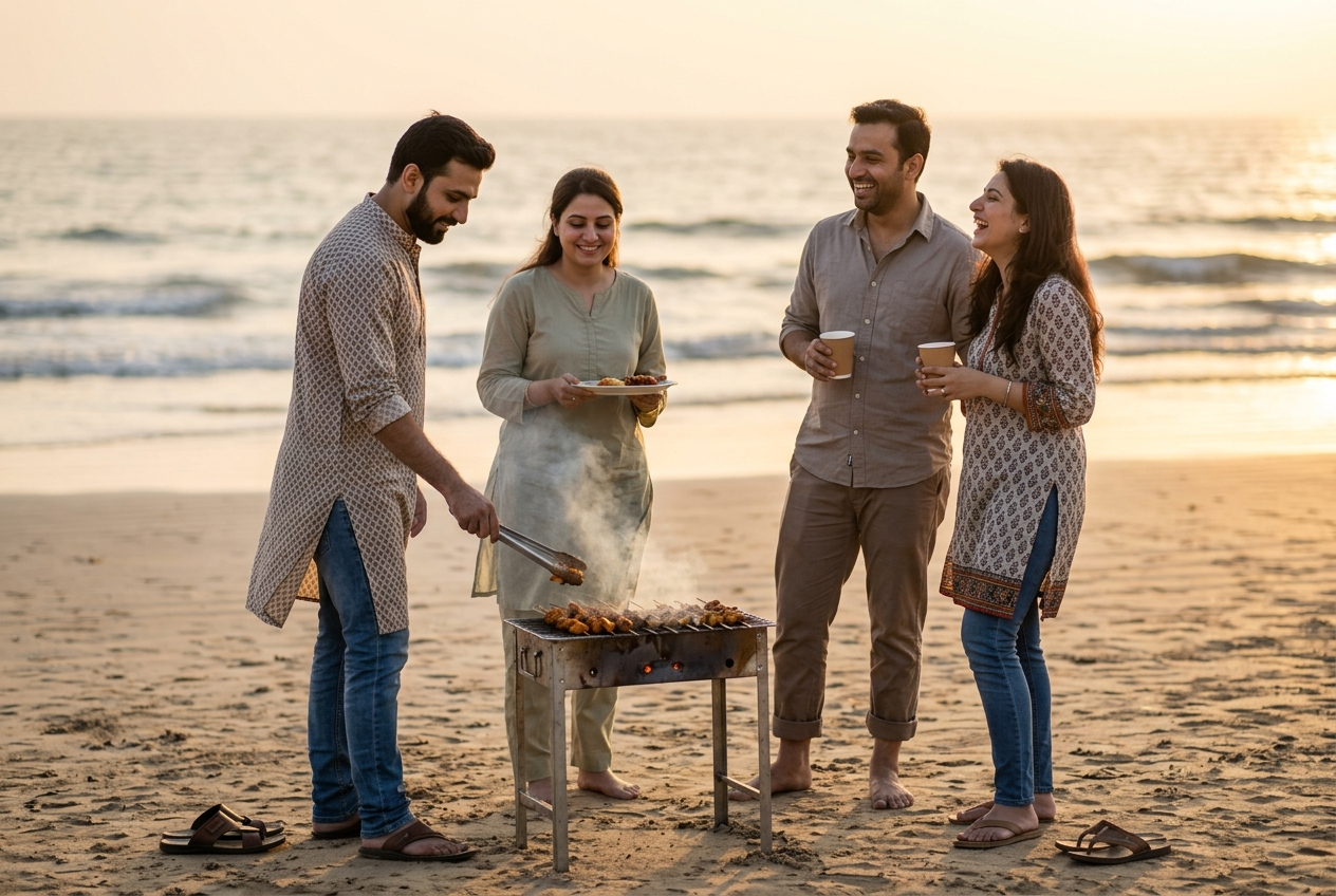 Friends grilling dinner on the beach during a weekend trip