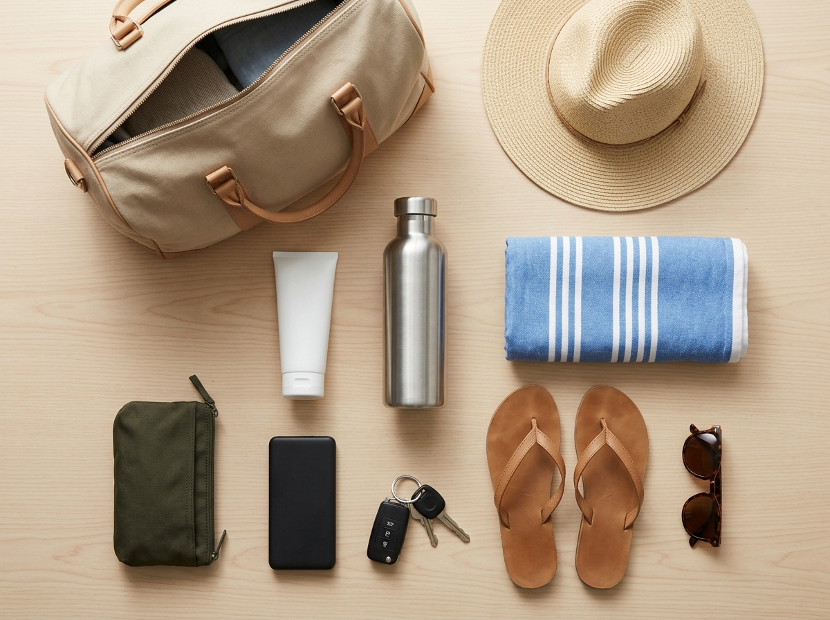 Packed weekend bag for a beach trip from Karachi